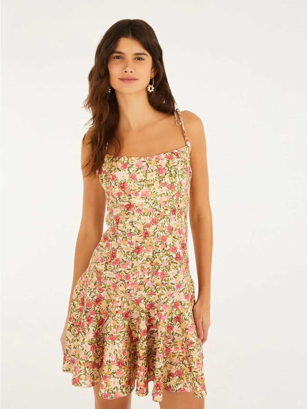 FARM Rio Pink and Cream Floral Tie-Shoulder Mini Dress